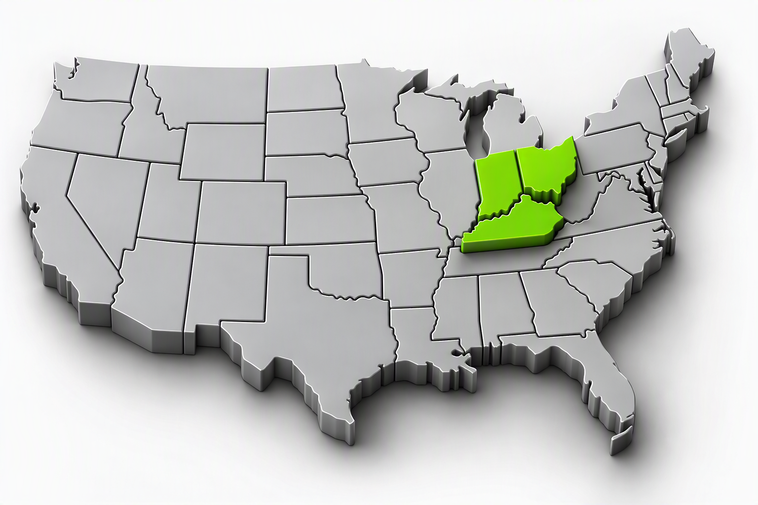 Three-dimensional map of the continental United States with Indiana, Ohio, and Kentucky elevated in green